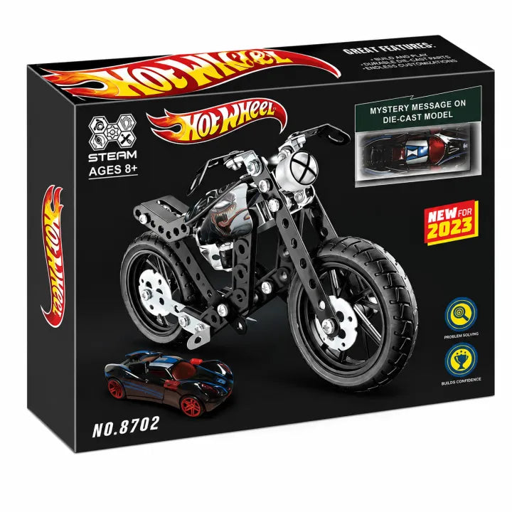 Hot Wheels Venom DIY Metal Assembly Motorcycle STEAM Building Kit (Item No. 8702) with Bonus Die-Cast Car