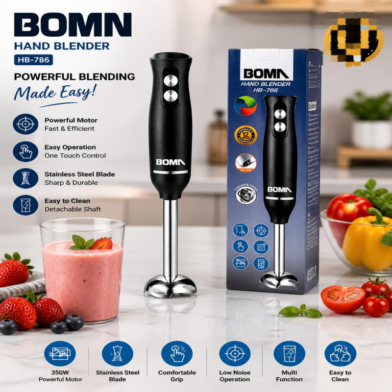 Powerful Hand Blender Make blending easy!” “Perfect for juices, soups & shakes ” “Strong motor, sharp blades — smooth results every time ” “Easy to use & easy to clean ” “Upgrade your kitchen with BOMA Hand Blender