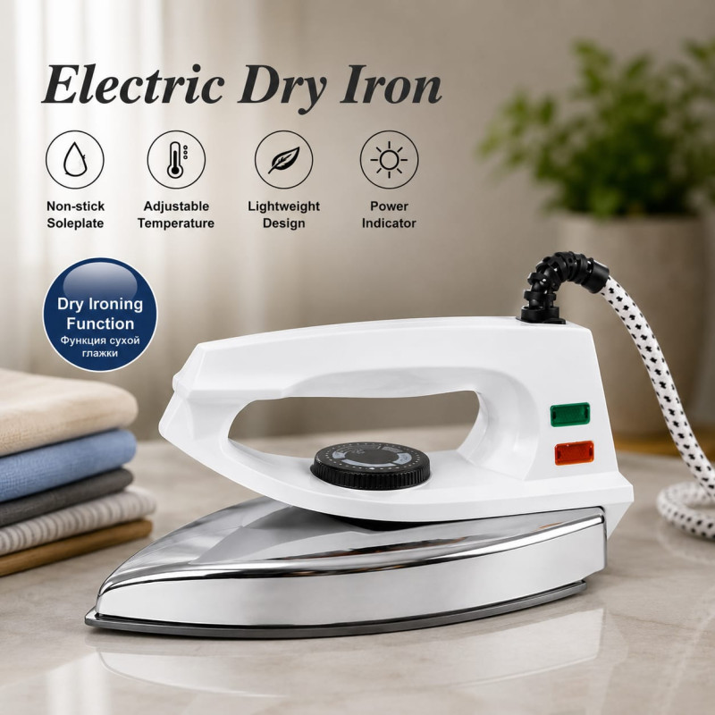 RAF Electric Dry Iron — designed for smooth gliding, fast heating, and everyday comfort. Available in multiple attractive colors to match your style. Non-Stick Soleplate ,Lightweight & Easy to Use, Suitable for All Fabrics, Durable & Reliable Performance