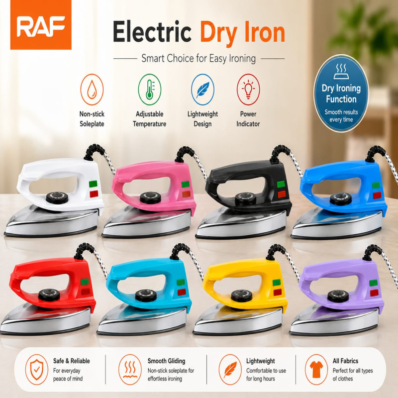 RAF Electric Dry Iron — designed for smooth gliding, fast heating, and everyday comfort. Available in multiple attractive colors to match your style. Non-Stick Soleplate ,Lightweight & Easy to Use, Suitable for All Fabrics, Durable & Reliable Performance - Image 3