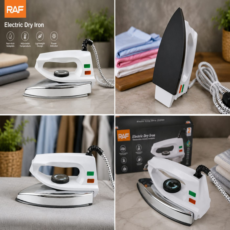 RAF Electric Dry Iron — designed for smooth gliding, fast heating, and everyday comfort. Available in multiple attractive colors to match your style. Non-Stick Soleplate ,Lightweight & Easy to Use, Suitable for All Fabrics, Durable & Reliable Performance - Image 2